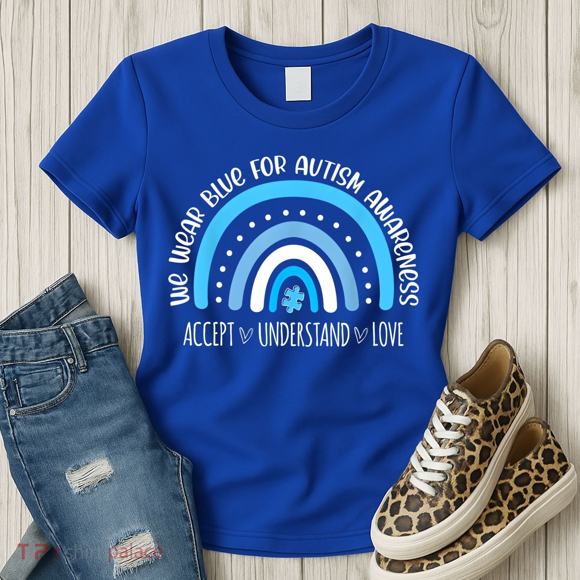 We Wear Blue For Autism Awareness Cute Rainbow Autistic Women's T-Shirt