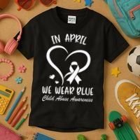 We Wear Blue Child Abuse Prevention Month Leopard Rainbow Kids T-Shirt thumb 3