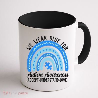 We Wear Blue For Autism Awareness Puzzle Rainbow Coffee Mug back