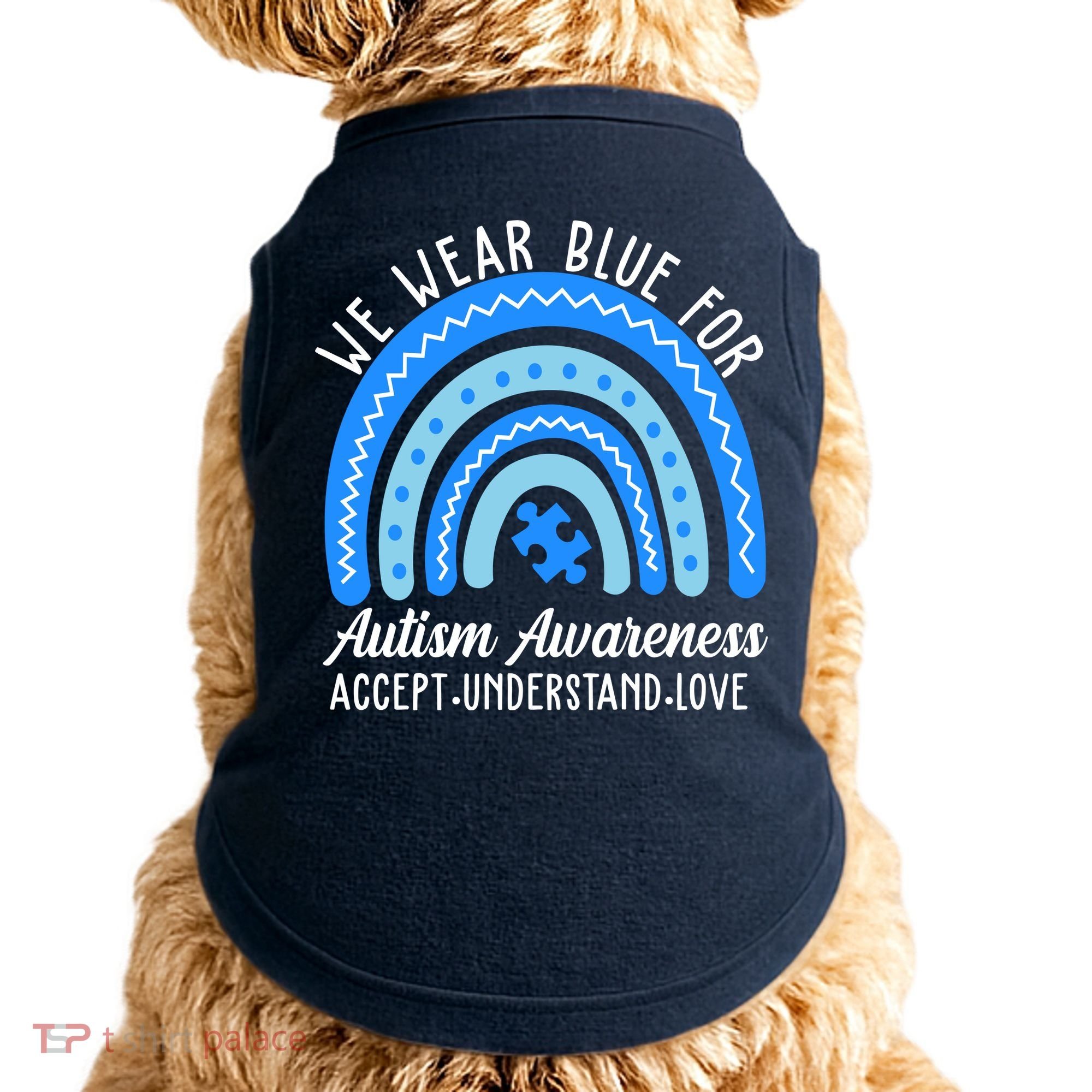 We Wear Blue For Autism Awareness Puzzle Rainbow Doggie Tank