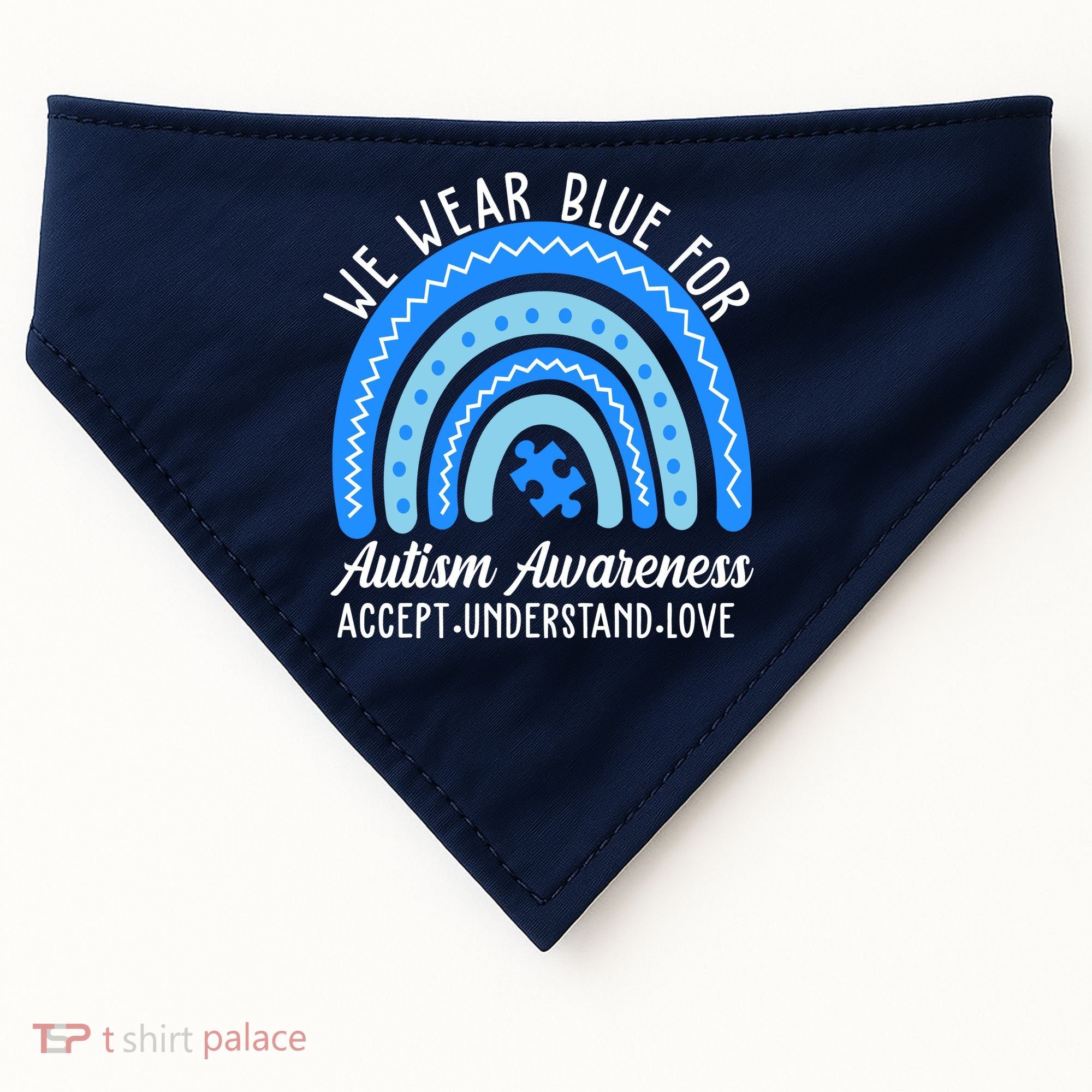 We Wear Blue For Autism Awareness Puzzle Rainbow USA-Made Doggie Bandana
