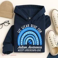We Wear Blue For Autism Awareness Puzzle Rainbow Hoodie thumb 4