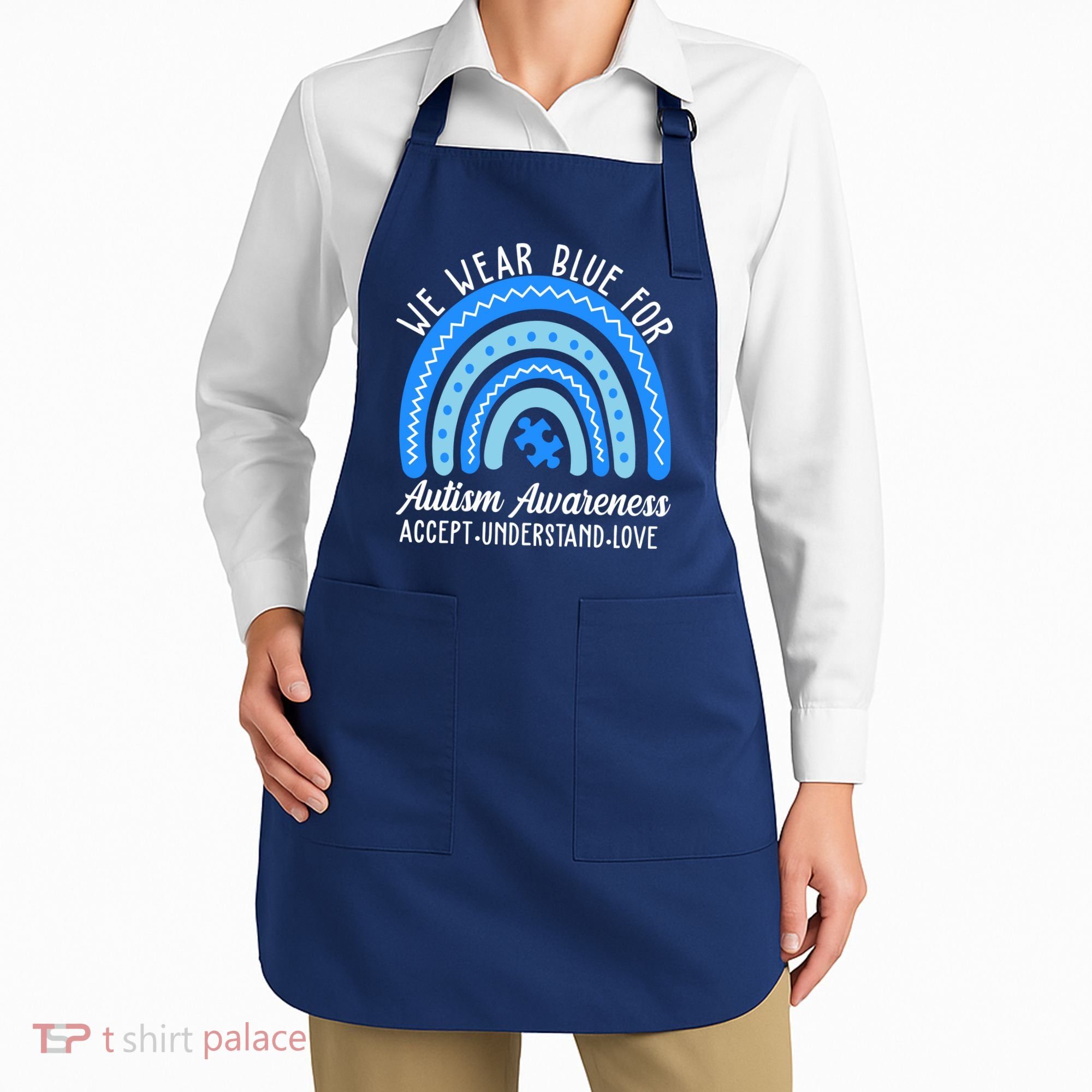 We Wear Blue For Autism Awareness Puzzle Rainbow Apron
