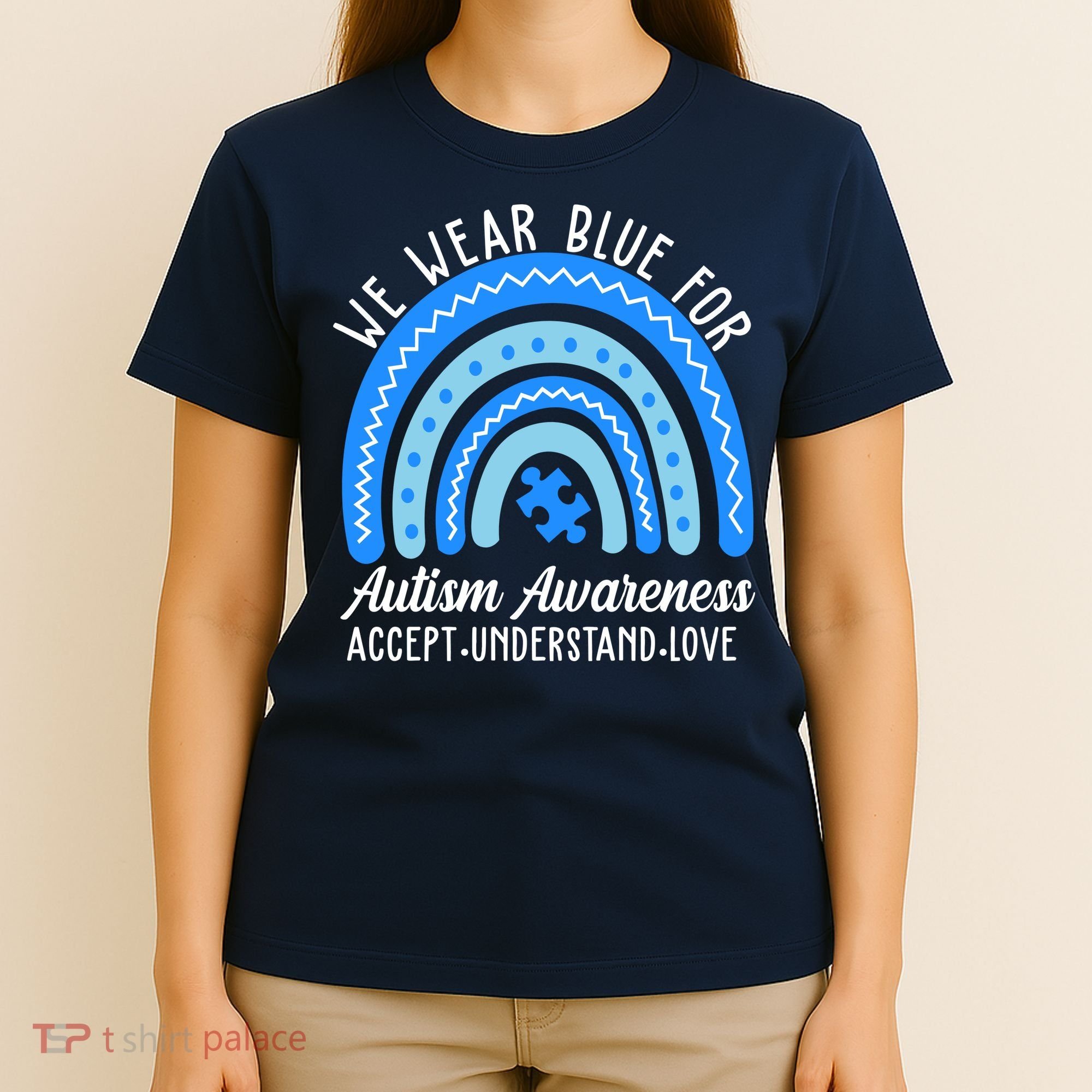 We Wear Blue For Autism Awareness Puzzle Rainbow T-Shirt