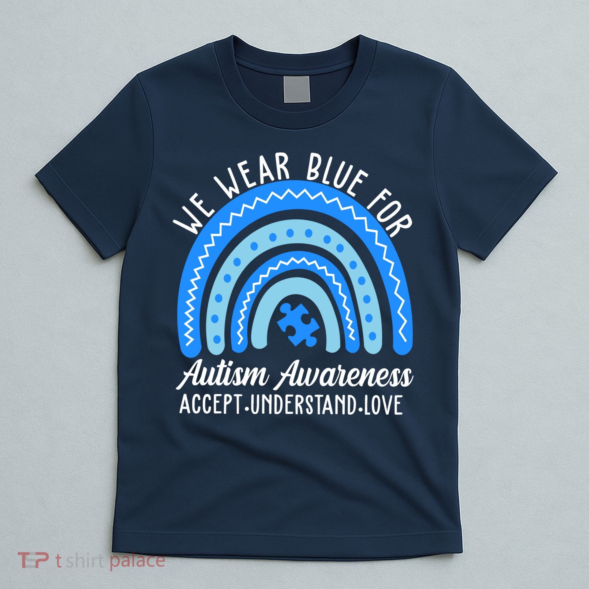 We Wear Blue For Autism Awareness Puzzle Rainbow T-Shirt