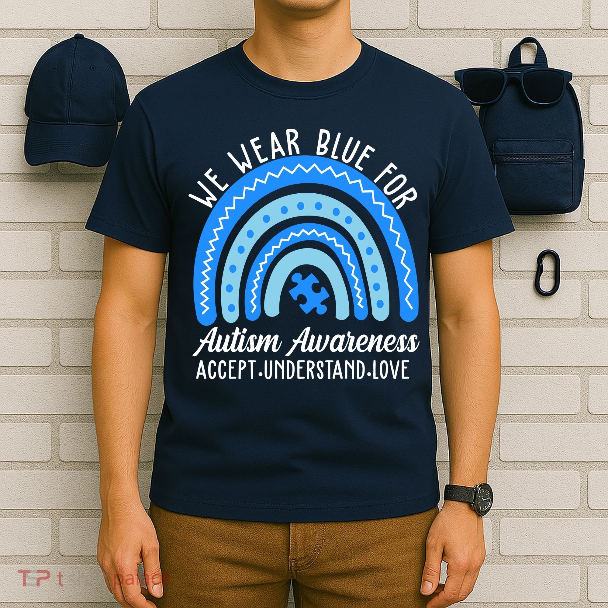 We Wear Blue For Autism Awareness Puzzle Rainbow T-Shirt