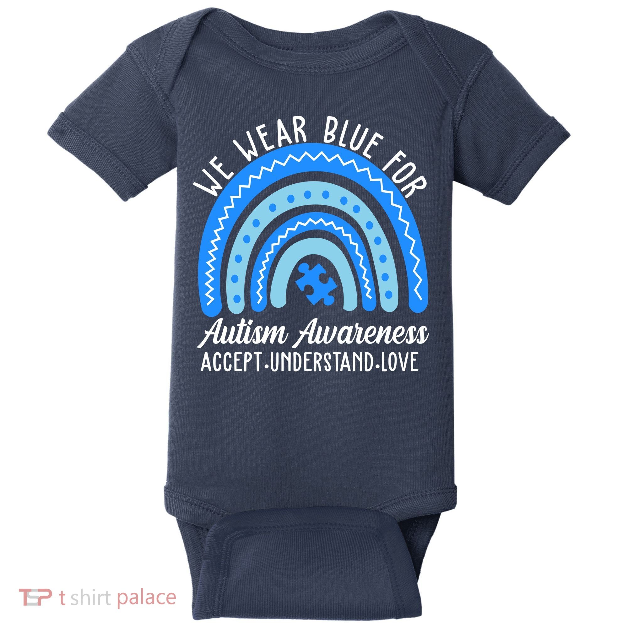 We Wear Blue For Autism Awareness Puzzle Rainbow Baby Bodysuit
