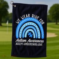 We Wear Blue For Autism Awareness Puzzle Rainbow Golf Towel thumb 1