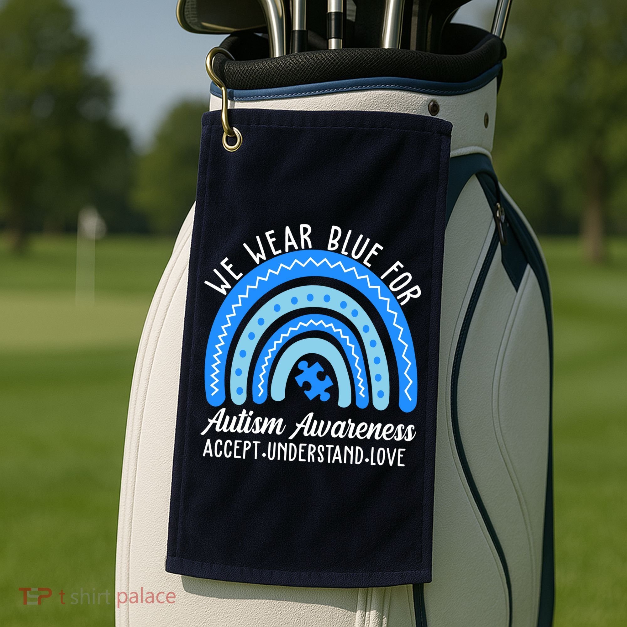 We Wear Blue For Autism Awareness Puzzle Rainbow Golf Towel