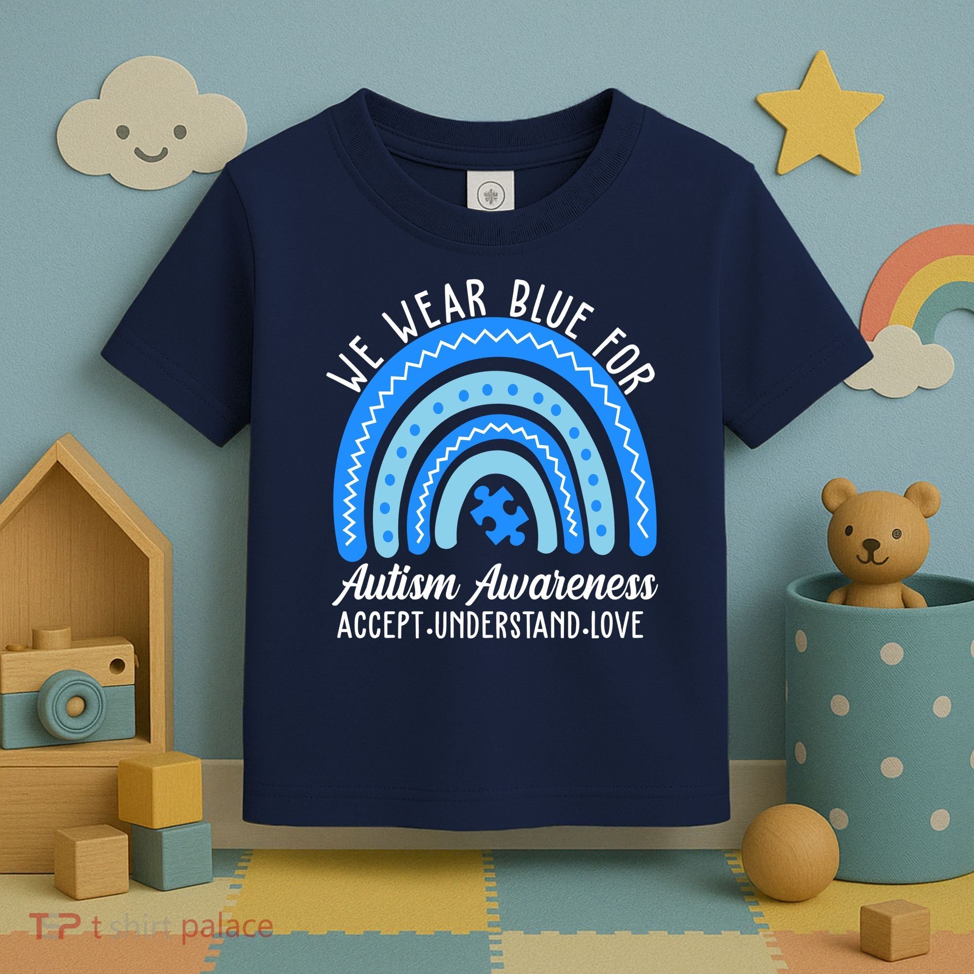 We Wear Blue For Autism Awareness Puzzle Rainbow Toddler T-Shirt