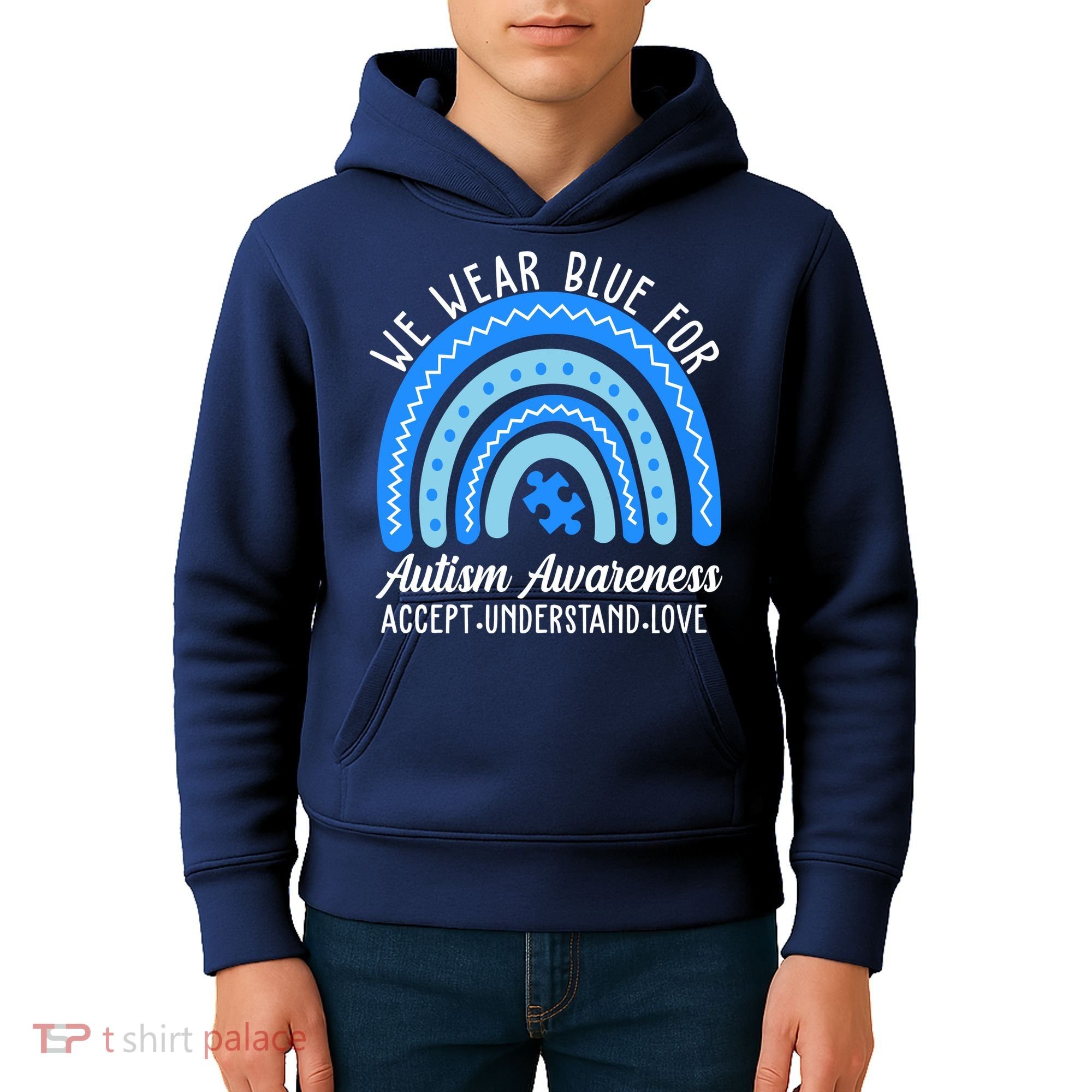 We Wear Blue For Autism Awareness Puzzle Rainbow Kids Hoodie