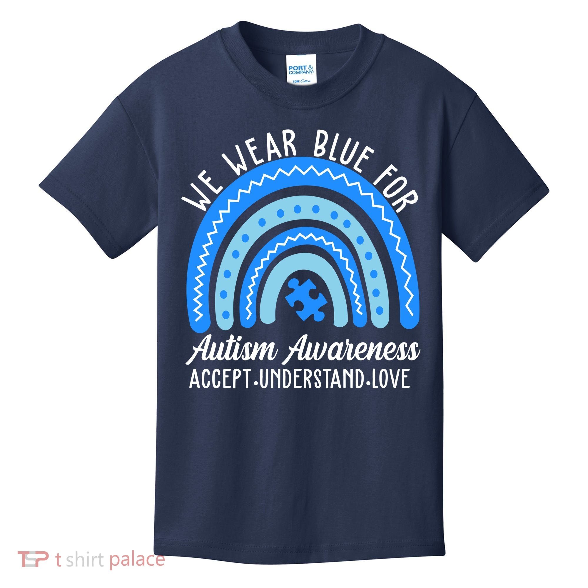 We Wear Blue For Autism Awareness Puzzle Rainbow Kids T-Shirt
