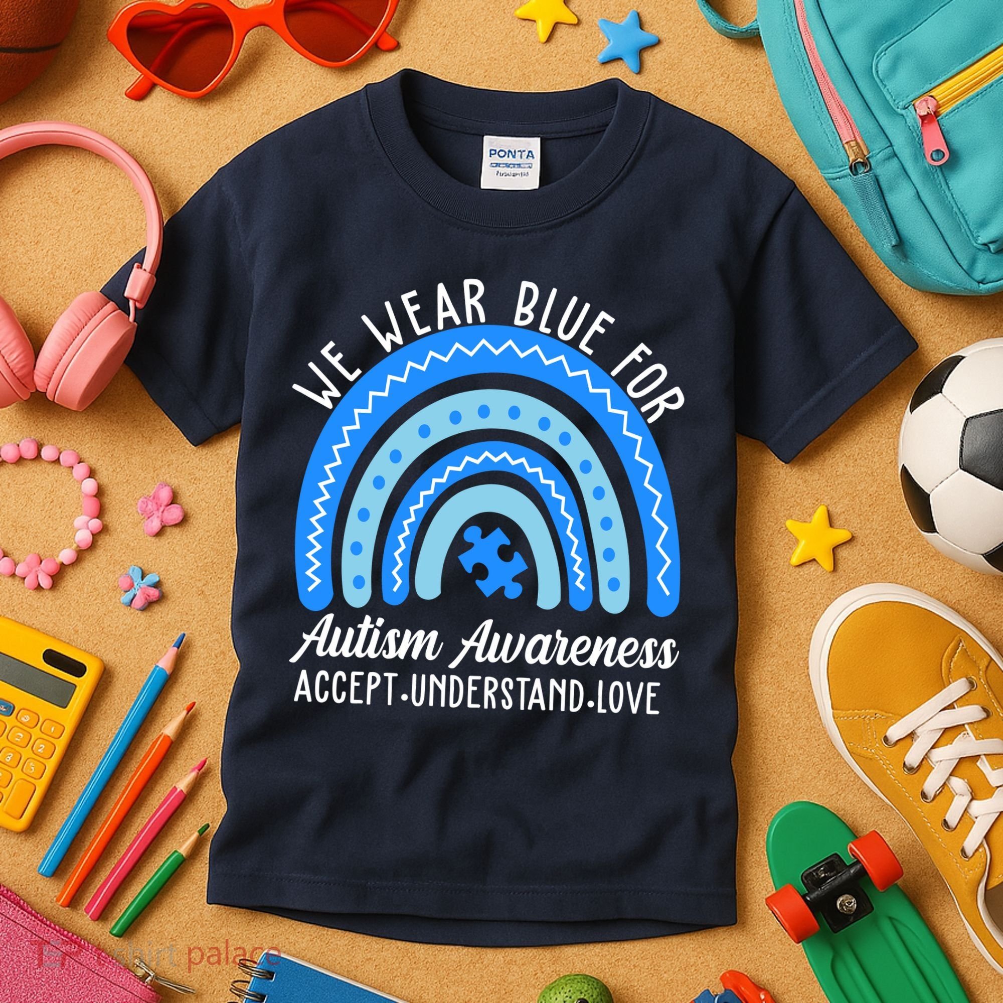We Wear Blue For Autism Awareness Puzzle Rainbow Kids T-Shirt