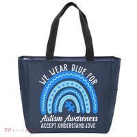We Wear Blue For Autism Awareness Puzzle Rainbow Tote Bag thumb 0