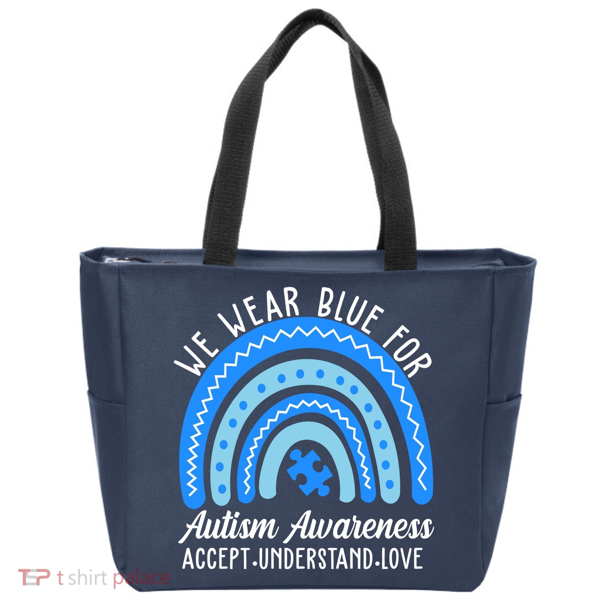 We Wear Blue For Autism Awareness Puzzle Rainbow Tote Bag