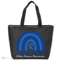 We Wear Blue For Colon Cancer Awareness Rainbow Ribbon Tote Bag thumb 0