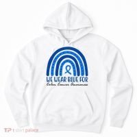 We Wear Blue For Colon Cancer Awareness Rainbow Ribbon Hoodie thumb 0