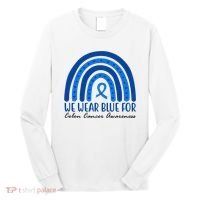 We Wear Blue For Colon Cancer Awareness Rainbow Ribbon Long Sleeve Shirt thumb 0