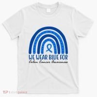 We Wear Blue For Colon Cancer Awareness Rainbow Ribbon T-Shirt thumb 0