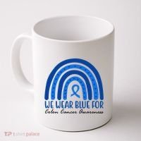 We Wear Blue For Colon Cancer Awareness Rainbow Ribbon Coffee Mug thumb 0