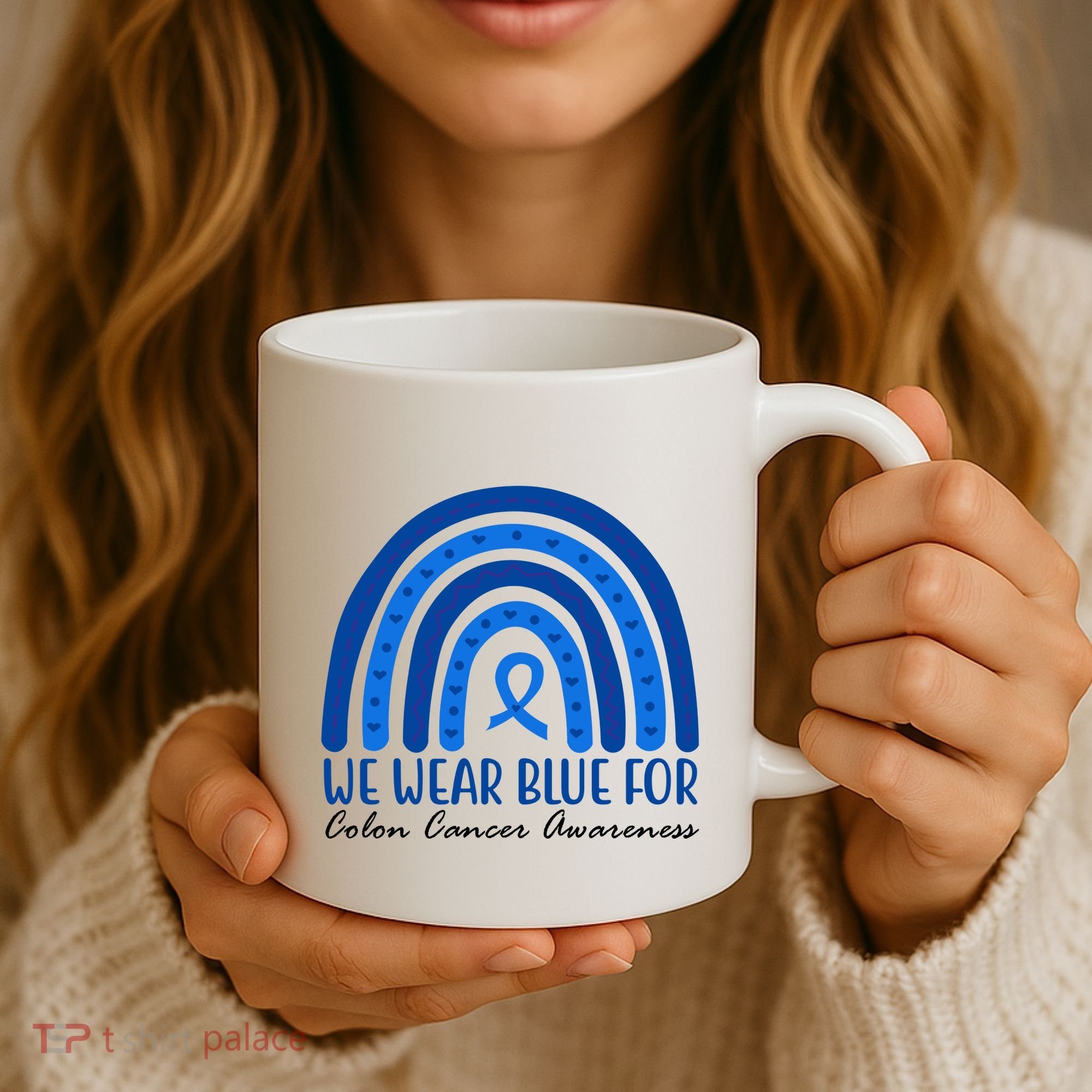 We Wear Blue For Colon Cancer Awareness Rainbow Ribbon Coffee Mug