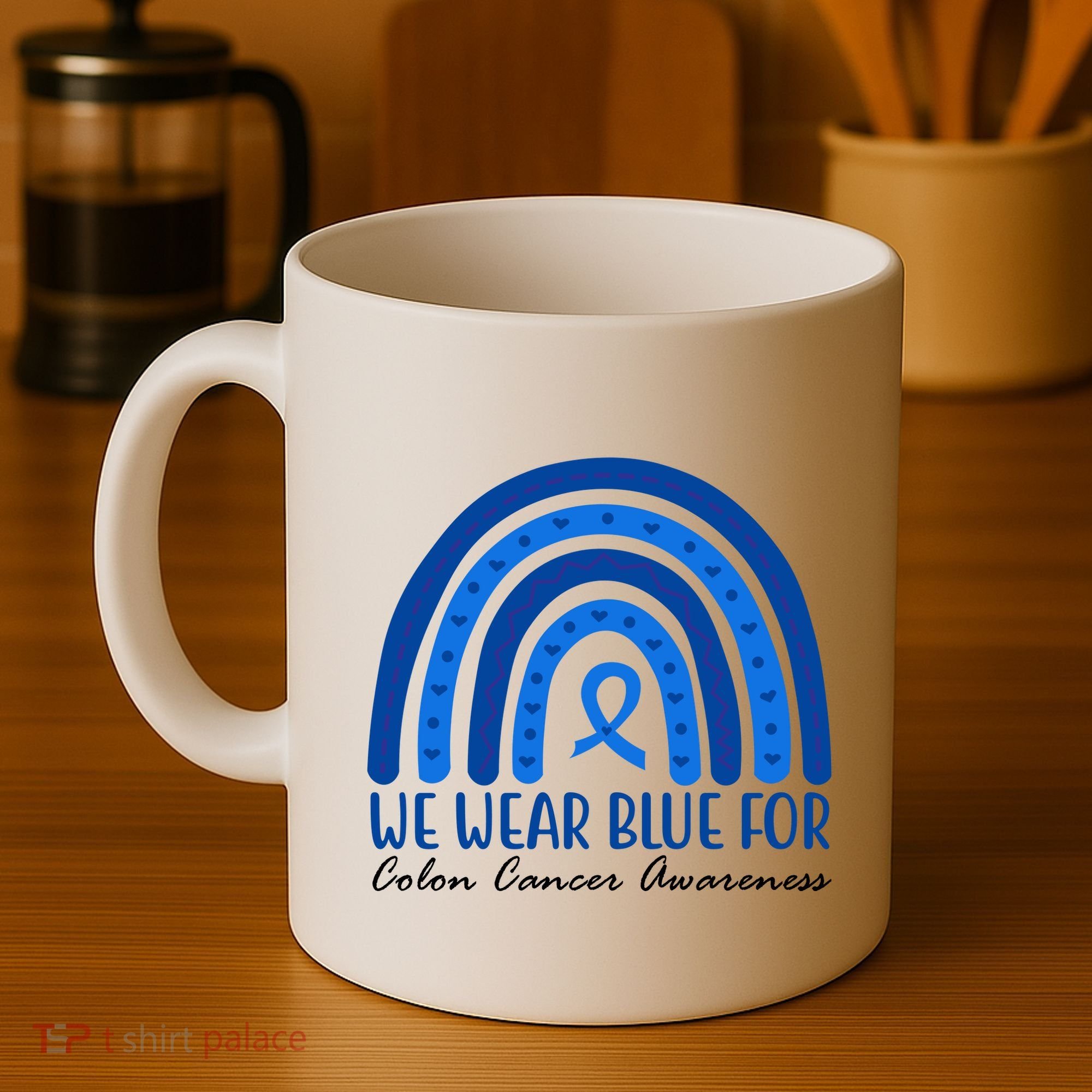 We Wear Blue For Colon Cancer Awareness Rainbow Ribbon Coffee Mug