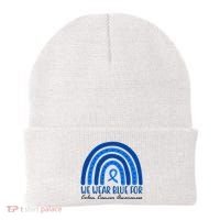 We Wear Blue For Colon Cancer Awareness Rainbow Ribbon Beanie thumb 0