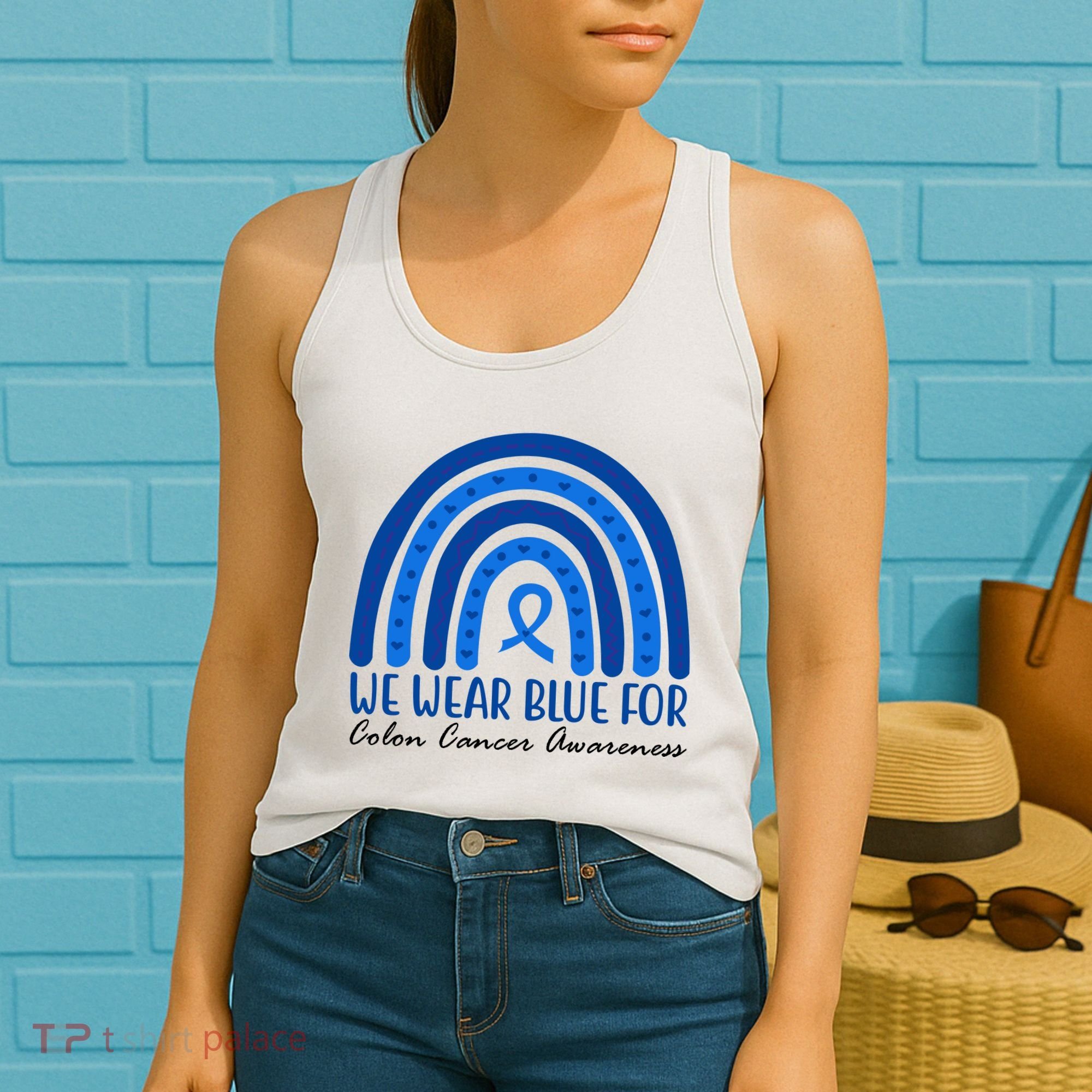 We Wear Blue For Colon Cancer Awareness Rainbow Ribbon Women's Tank Top