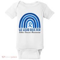 We Wear Blue For Colon Cancer Awareness Rainbow Ribbon Baby Bodysuit thumb 0