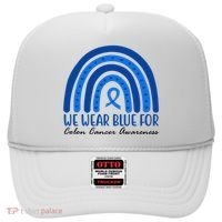 We Wear Blue For Colon Cancer Awareness Rainbow Ribbon Hat thumb 0