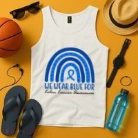 We Wear Blue For Colon Cancer Awareness Rainbow Ribbon Tank Top thumb 4