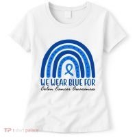 We Wear Blue For Colon Cancer Awareness Rainbow Ribbon Women's T-Shirt thumb 0