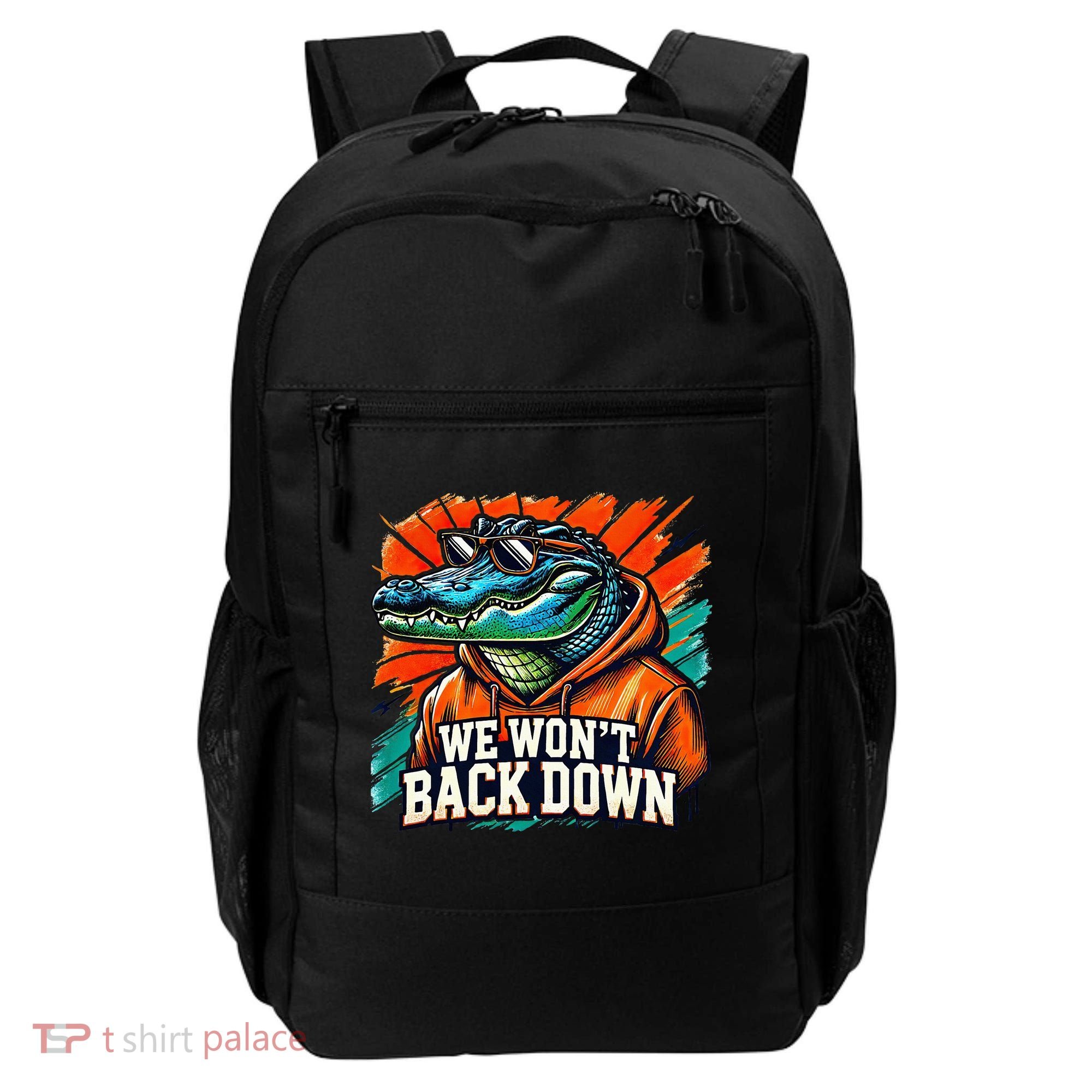 We WonT Back Down Blue And Orange Gator White Backpack