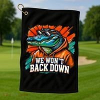 We WonT Back Down Blue And Orange Gator White Golf Towel thumb 1