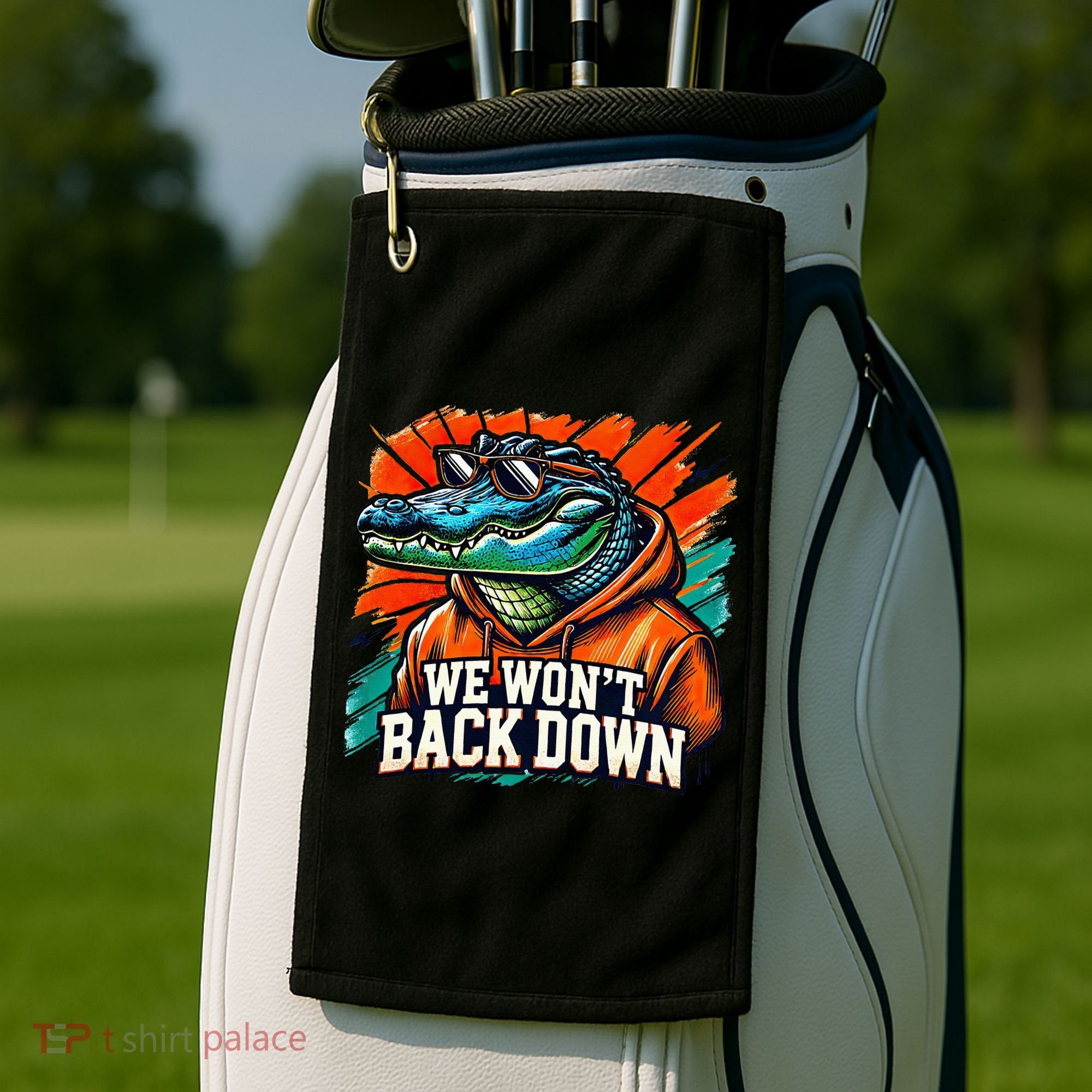 We WonT Back Down Blue And Orange Gator White Golf Towel