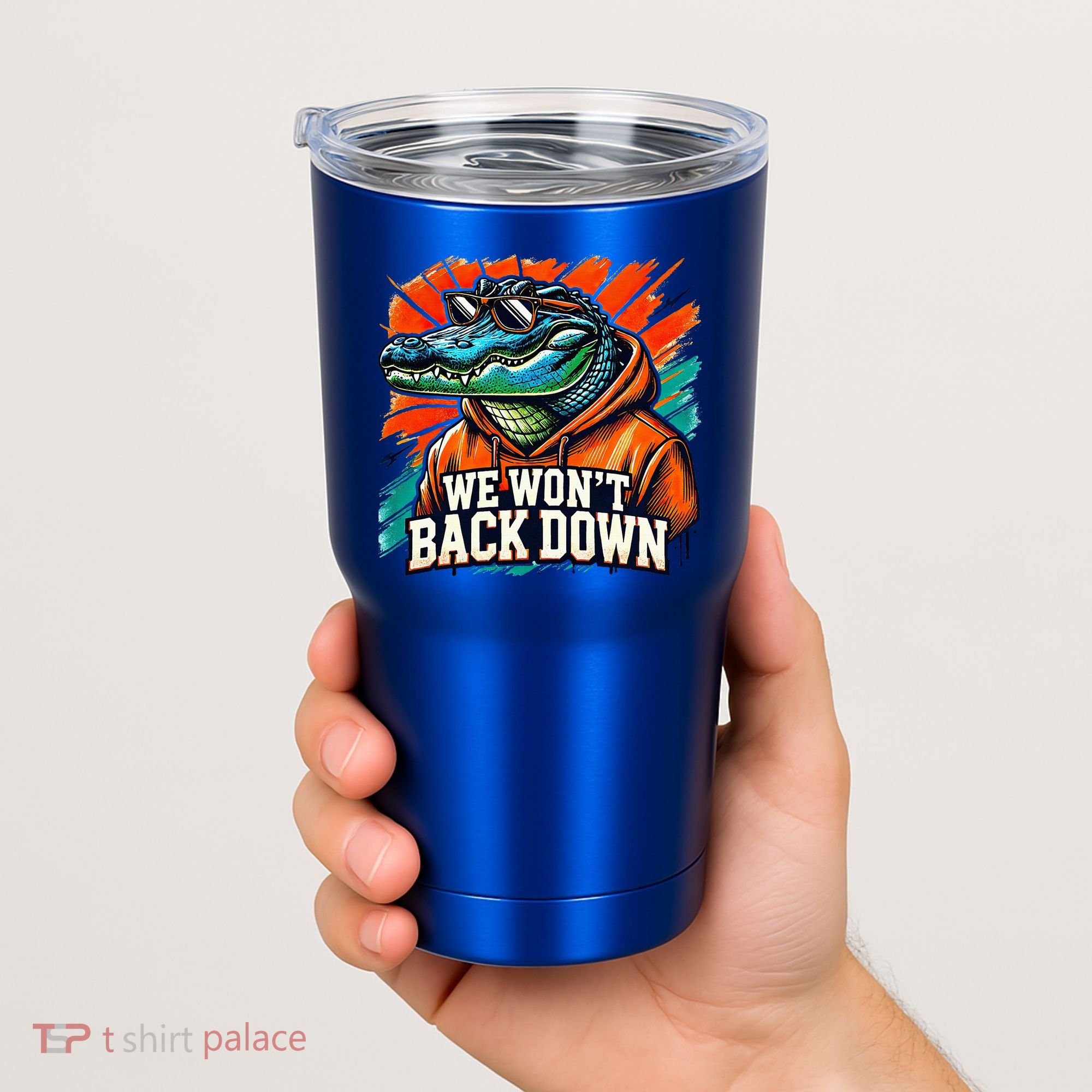 We WonT Back Down Blue And Orange Gator White Tumbler