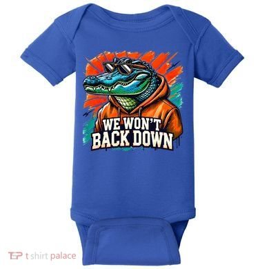 We WonT Back Down Blue And Orange Gator White Baby Bodysuit