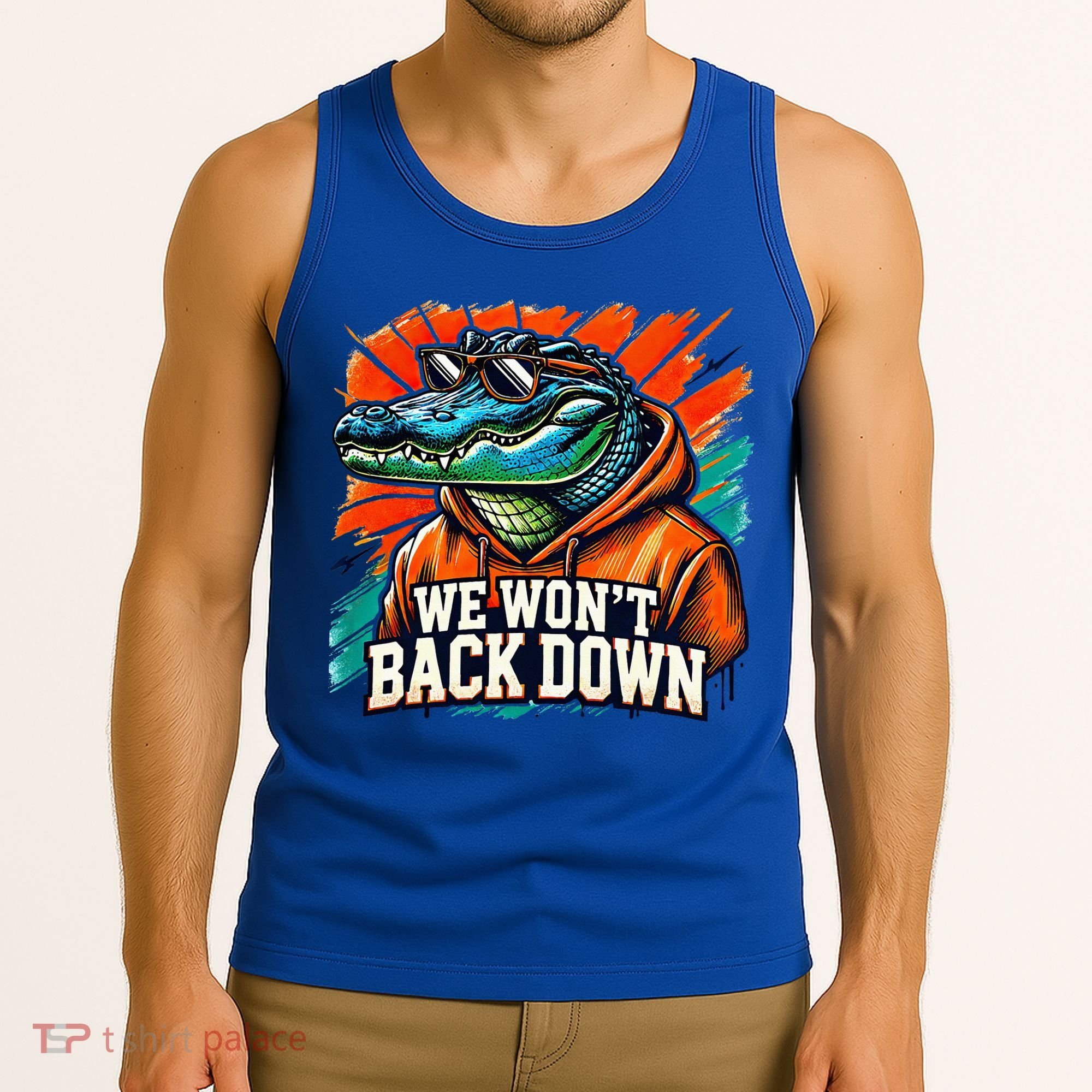 We WonT Back Down Blue And Orange Gator White Tank Top