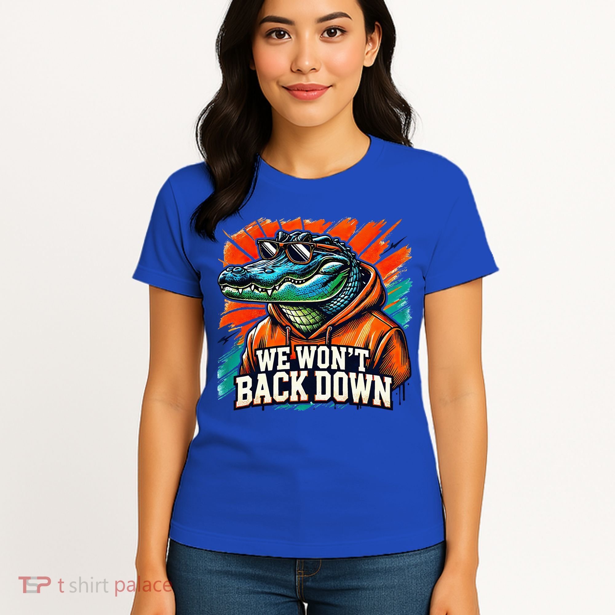 We WonT Back Down Blue And Orange Gator White Women's T-Shirt