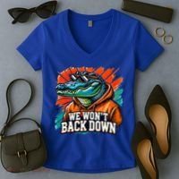 We WonT Back Down Blue And Orange Gator White Women's V-Neck T-Shirt thumb 2