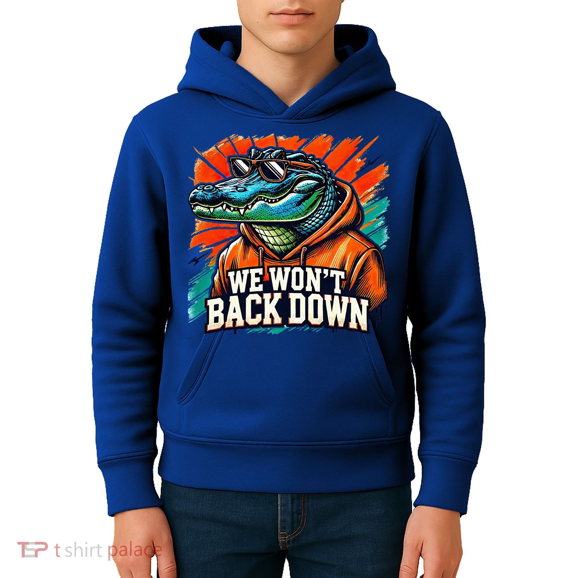 We WonT Back Down Blue And Orange Gator White Kids Hoodie