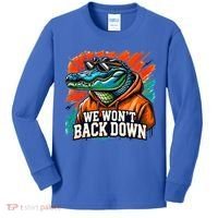 We WonT Back Down Blue And Orange Gator White Kids Long Sleeve Shirt thumb 0