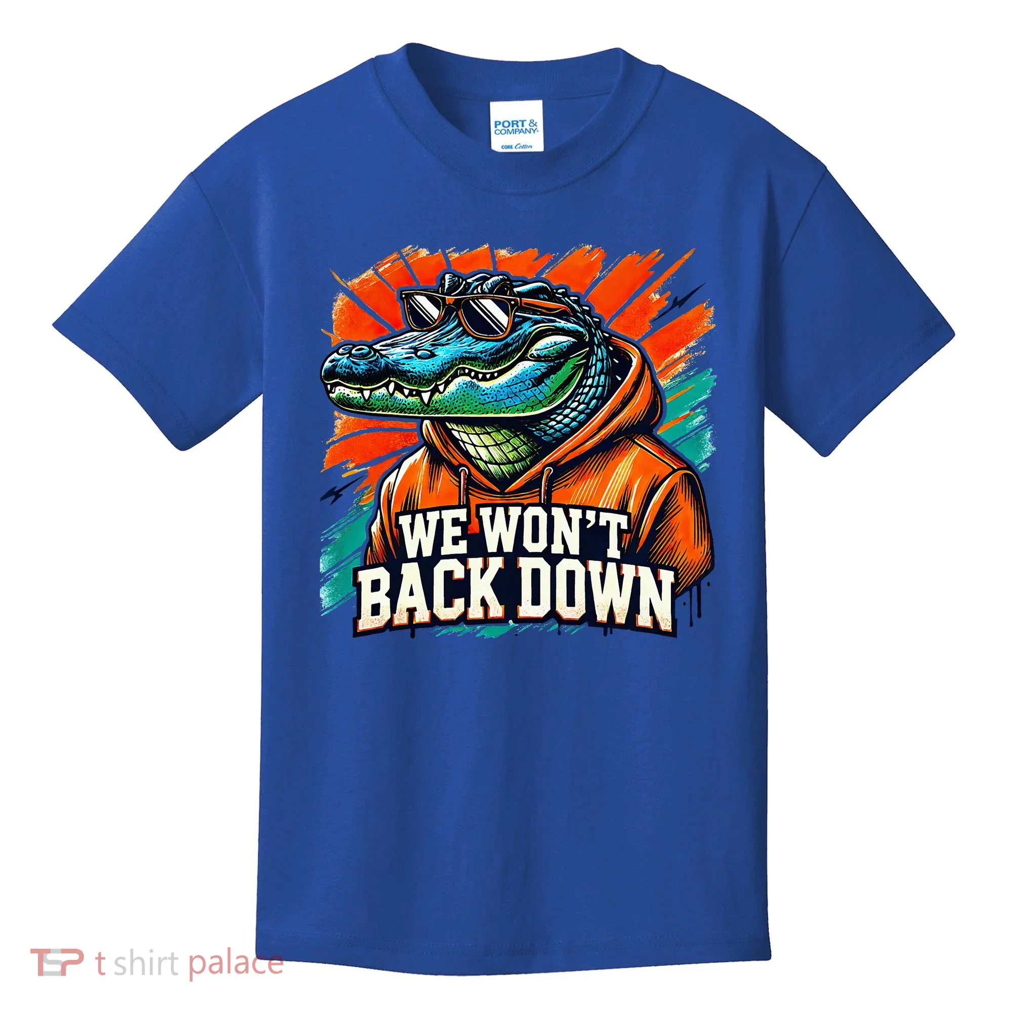 We WonT Back Down Blue And Orange Gator White Kids T-Shirt