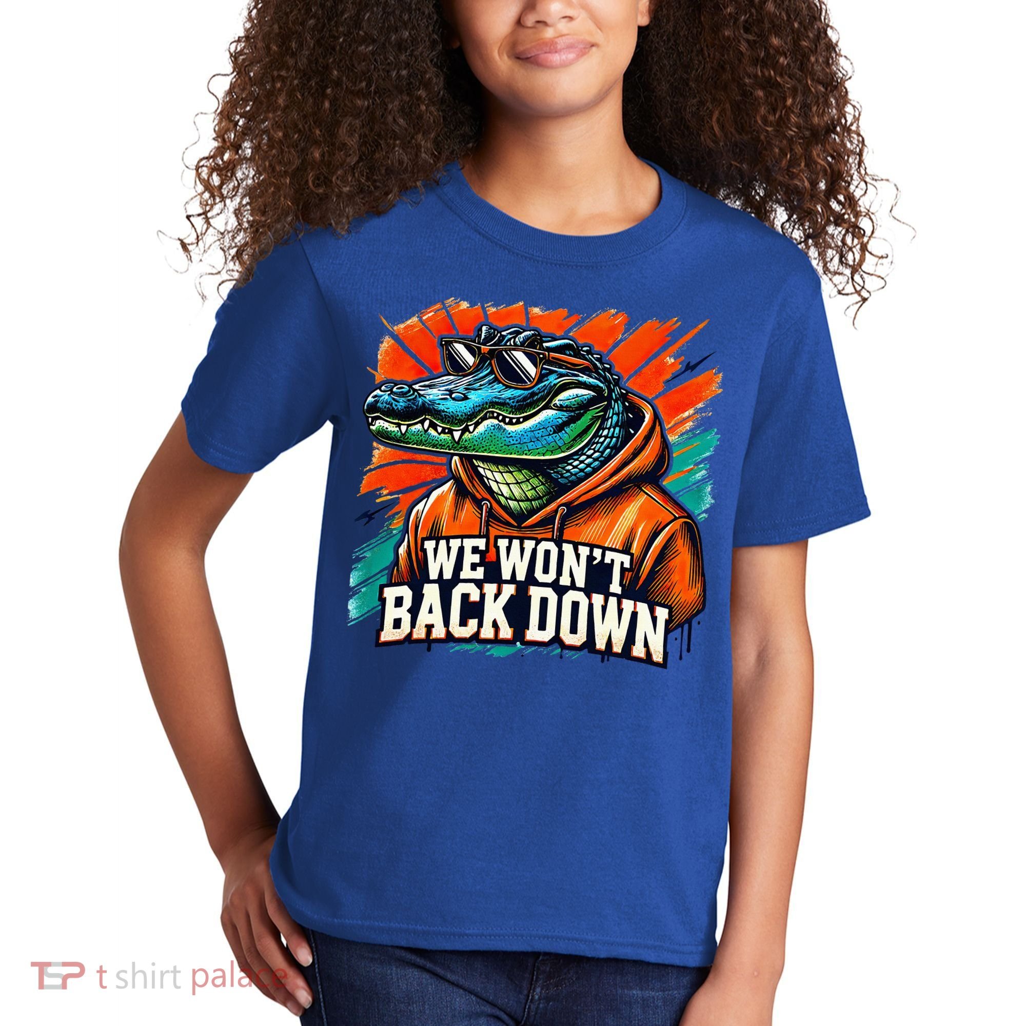 We WonT Back Down Blue And Orange Gator White Kids T-Shirt