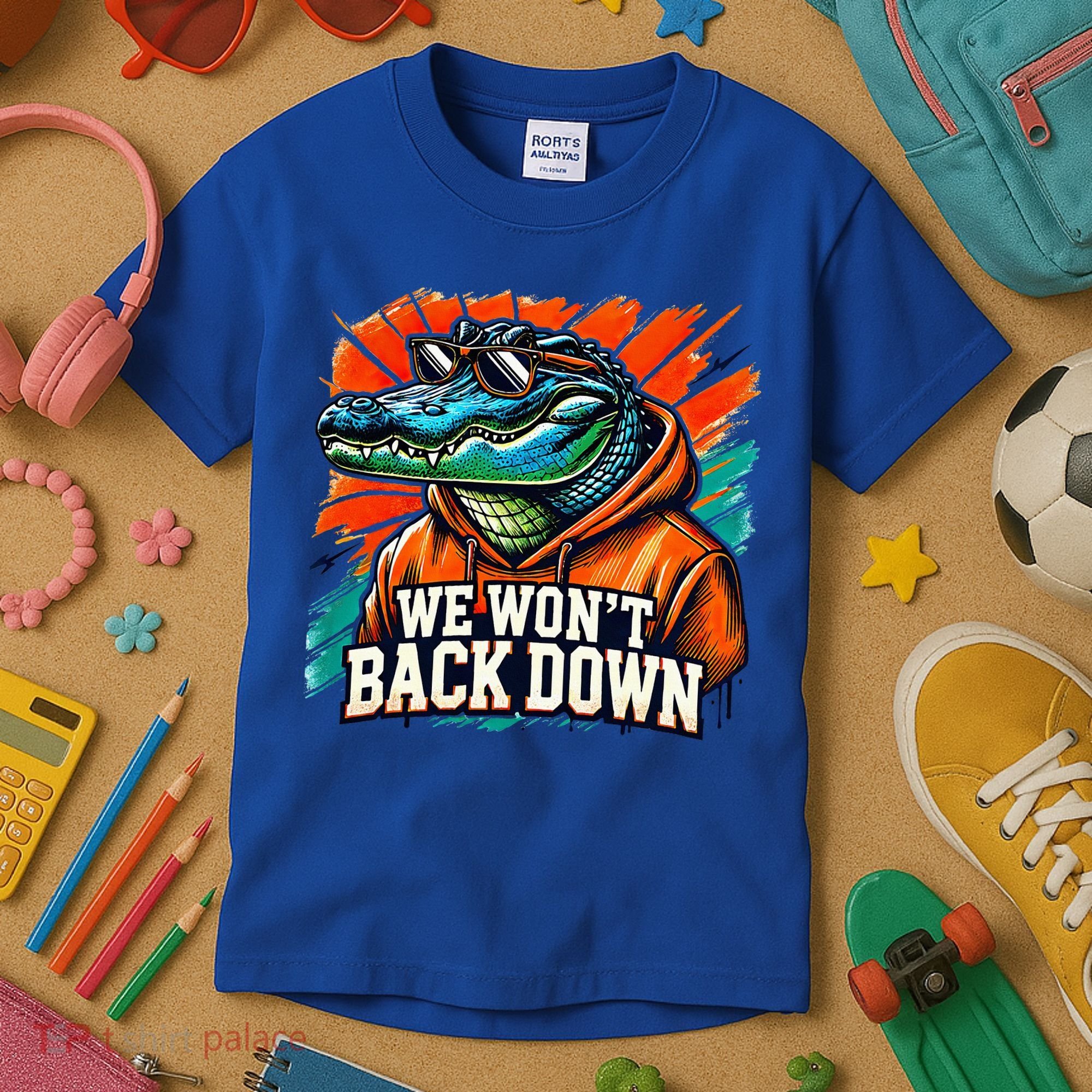 We WonT Back Down Blue And Orange Gator White Kids T-Shirt