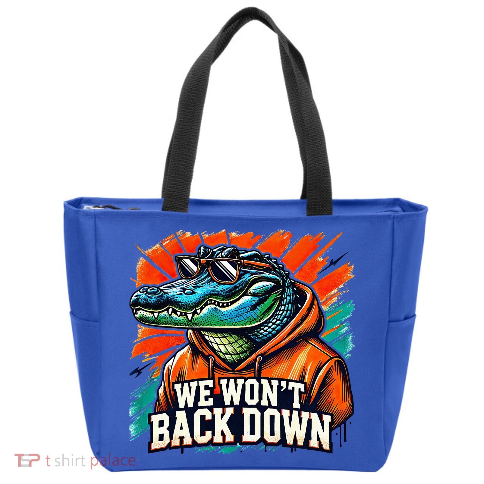 We WonT Back Down Blue And Orange Gator White Tote Bag