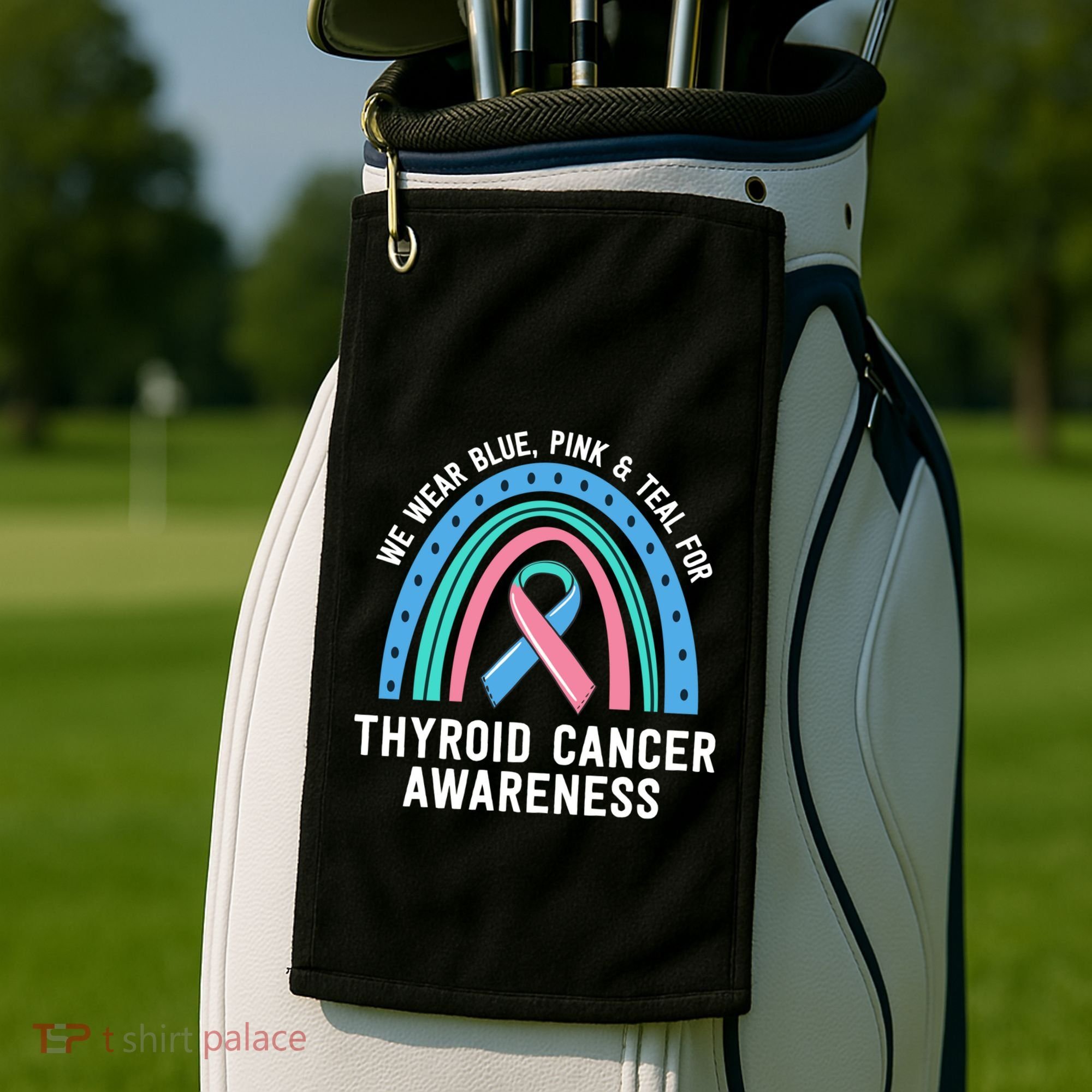 We Wear Blue Pink Teal Thyroid Cancer Awareness Family Group Gift Golf Towel