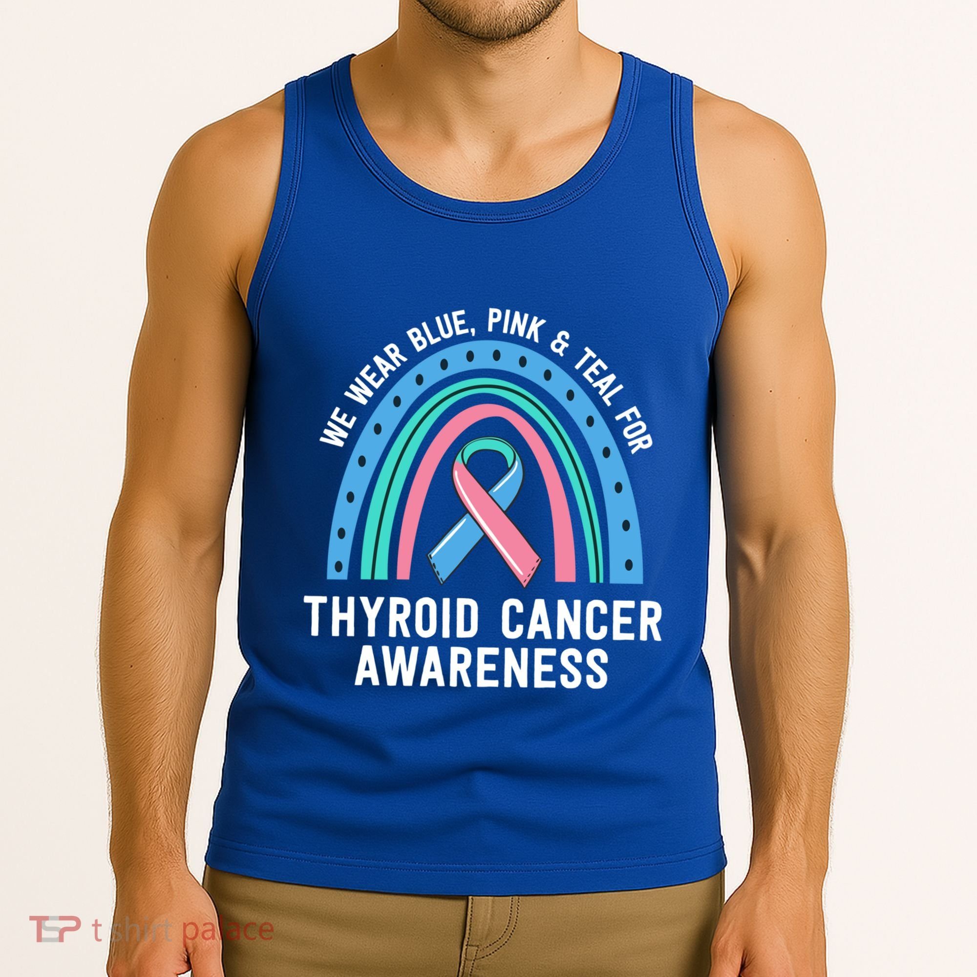 We Wear Blue Pink Teal Thyroid Cancer Awareness Family Group Gift Tank Top