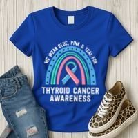 We Wear Blue Pink Teal Thyroid Cancer Awareness Family Group Gift Women's T-Shirt thumb 3