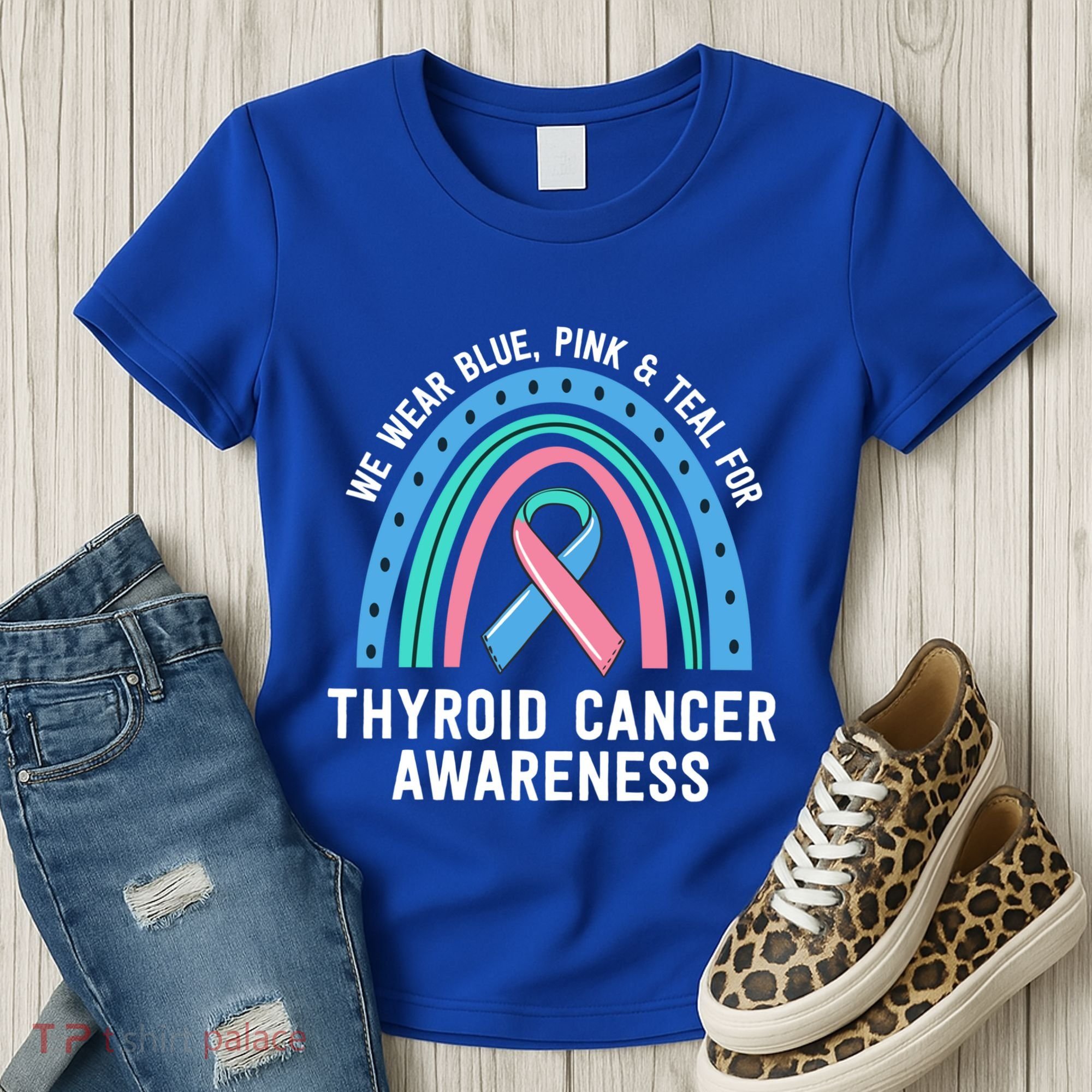 We Wear Blue Pink Teal Thyroid Cancer Awareness Family Group Gift Women's T-Shirt